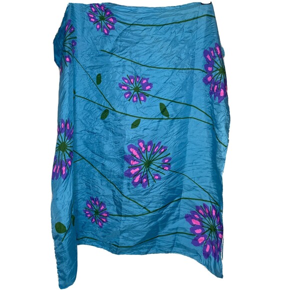Vintage 70s Mod Retro Floral Print Scarf Handkerchief Blue Pink silky 25”x25” - Picture 1 of 4